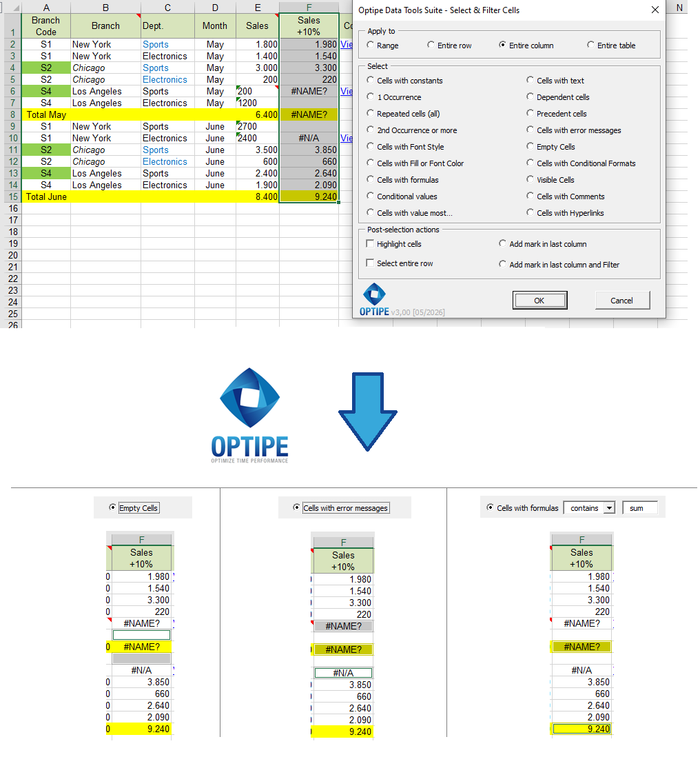 Find empty cells, Excel errors and formulas to validate data quality before creating reports and dashboards.