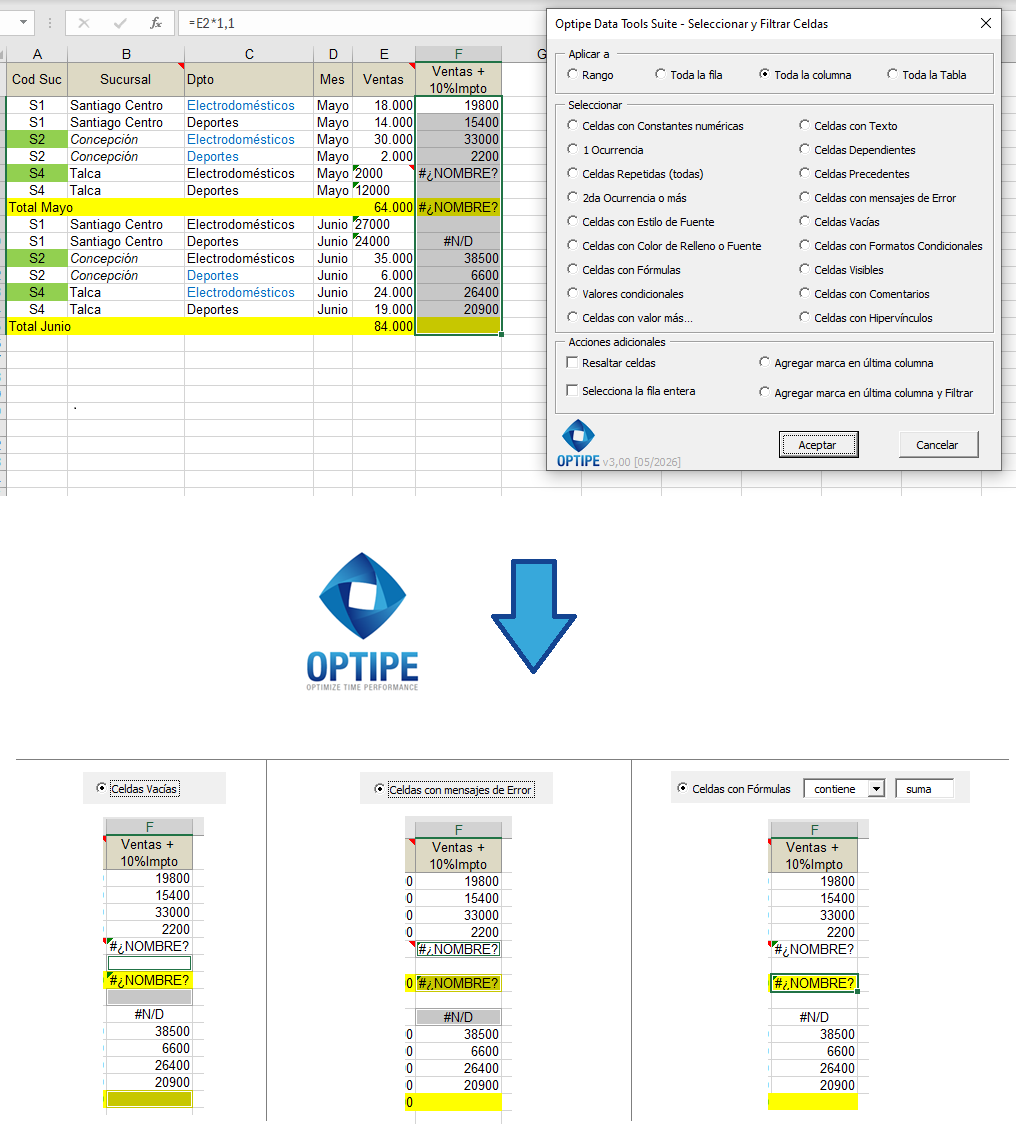 Encontrar celdas vacías, errores y fórmulas en Excel para validar la calidad de los datos antes de generar informes.