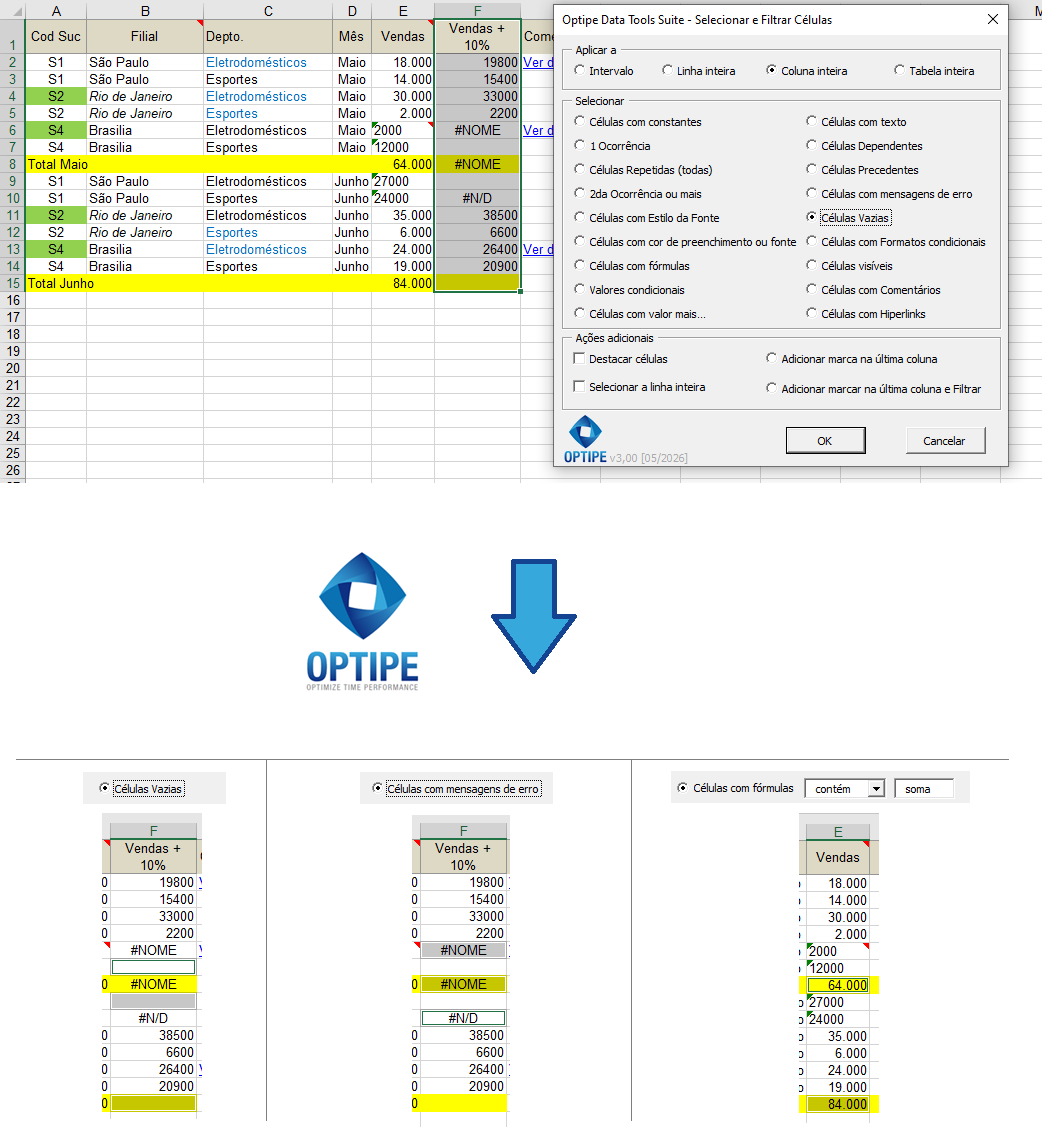 Encontrar células vazias, erros do Excel e fórmulas para validar a qualidade dos dados antes de criar relatórios e dashboards