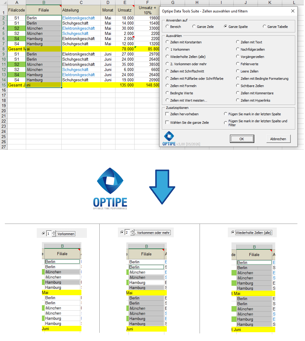 Erste Vorkommen, wiederholte DatensÀtze und doppelte Werte in Excel finden, um Kunden-, Inventar- und Transaktionsdaten zu bereinigen und zu validieren