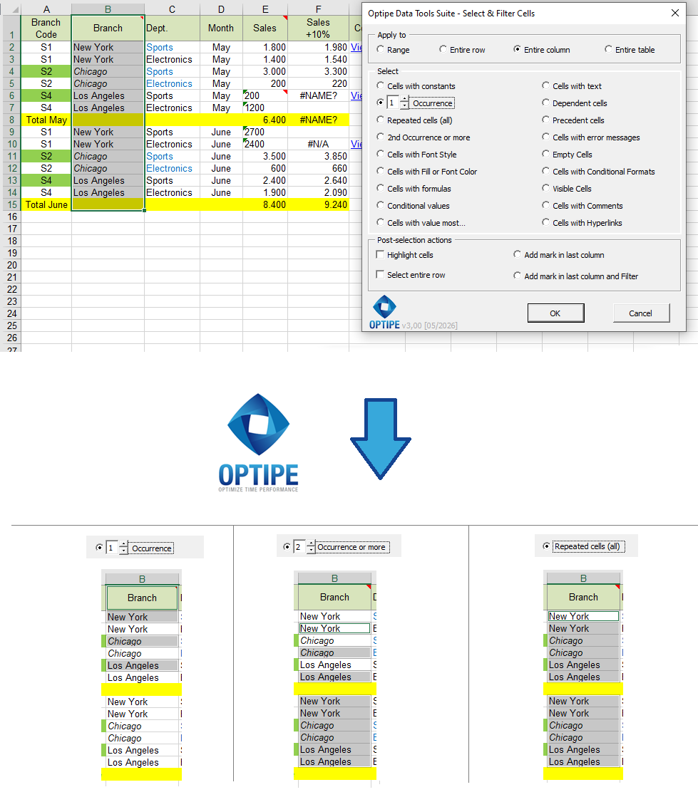 Find first occurrences, repeated records and duplicate values in Excel to clean and validate customer, inventory and transaction databases.