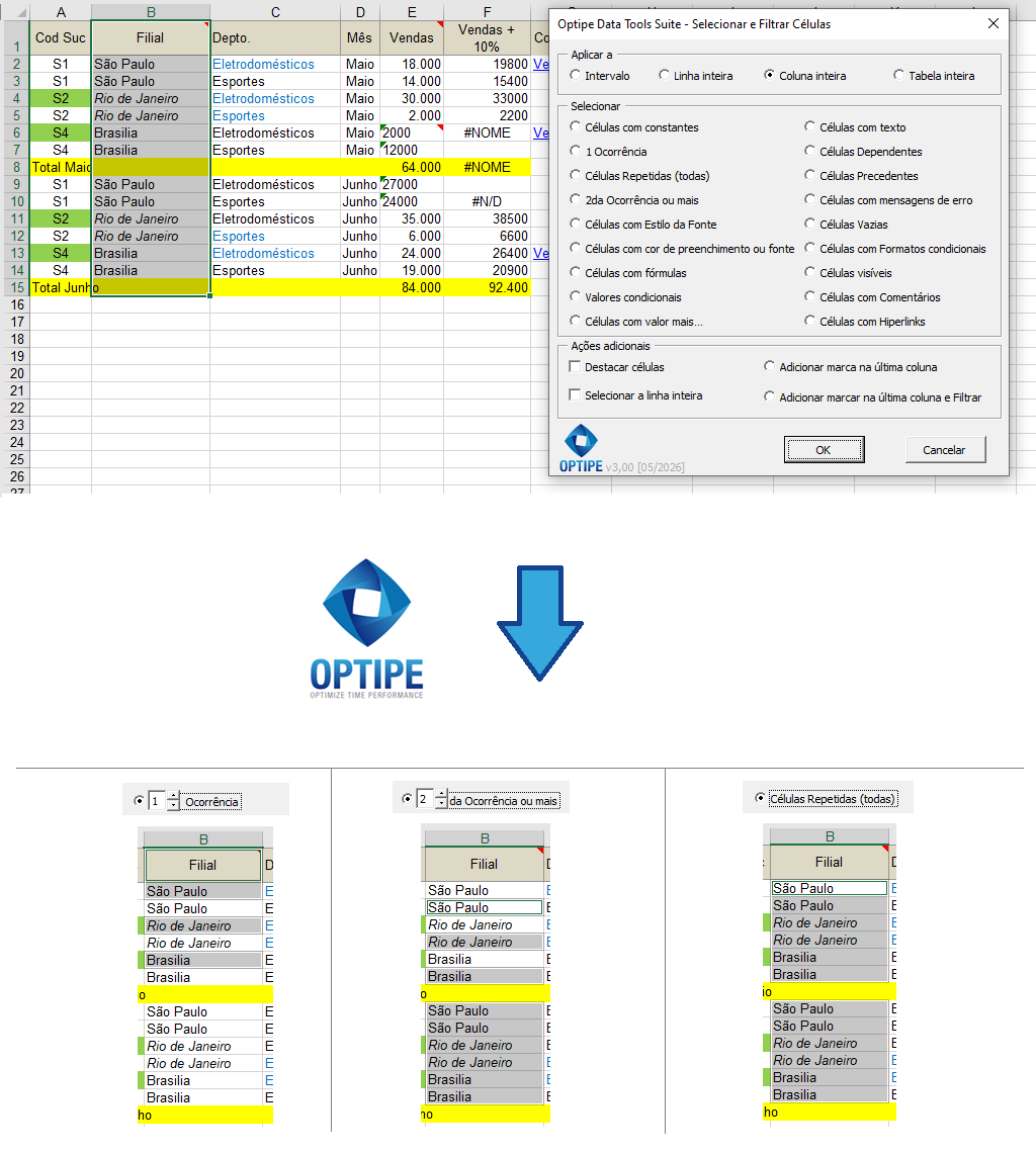 Encontrar primeiras ocorrências, registros repetidos e valores duplicados no Excel para limpar e validar bases de clientes, inventários e transações.