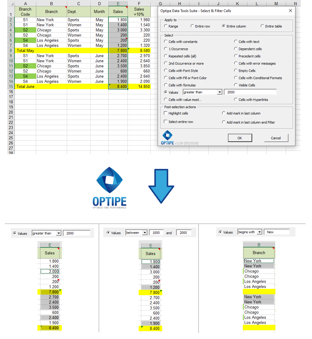 Find specific values in Excel using numeric and text criteria, including greater than conditions, value ranges and text-based searches.
