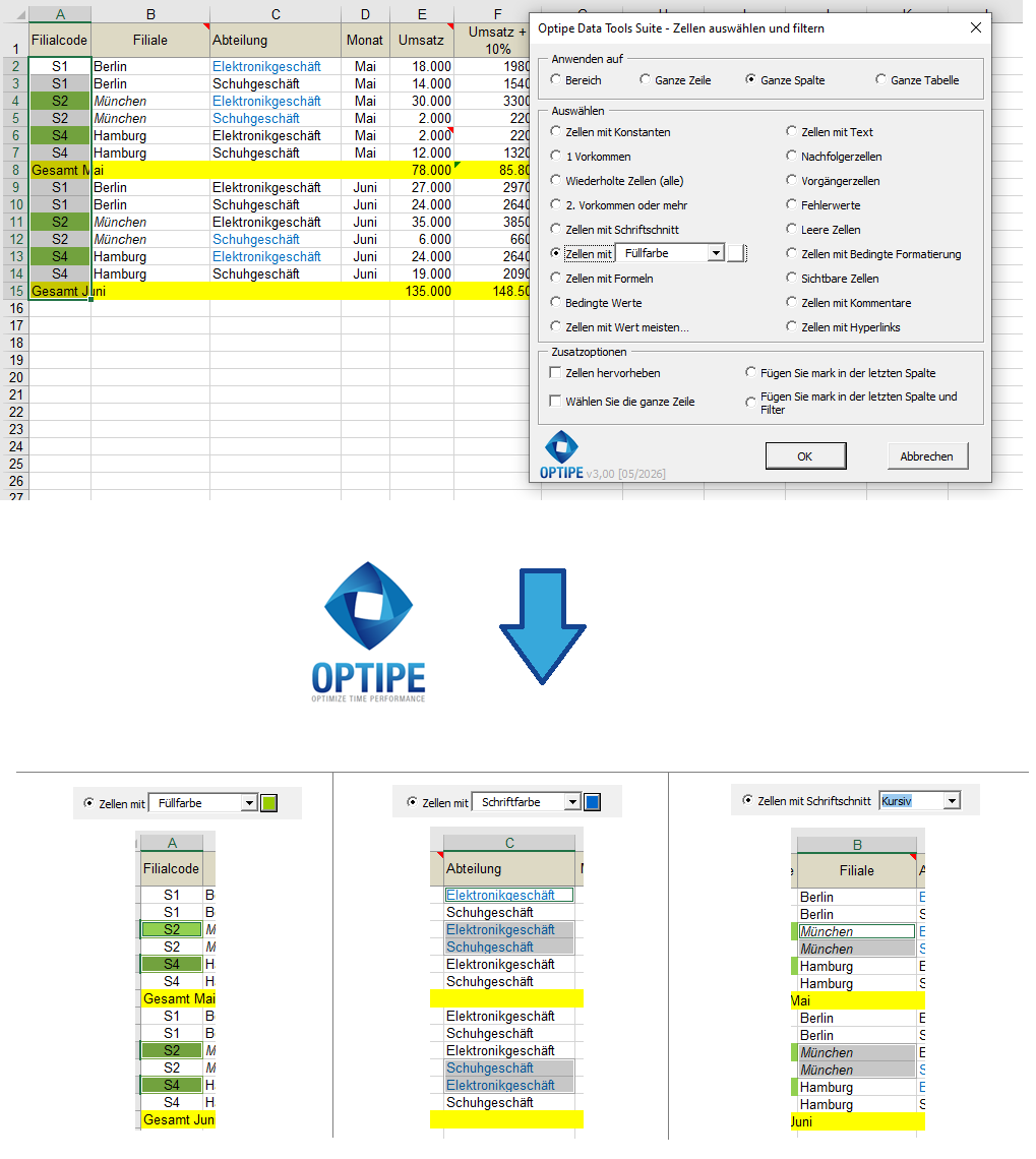 Excel-Datensätze nach Füllfarbe, Schriftfarbe und Formatierung auswählen, um visuell hervorgehobene Informationen gezielt auszuwerten.