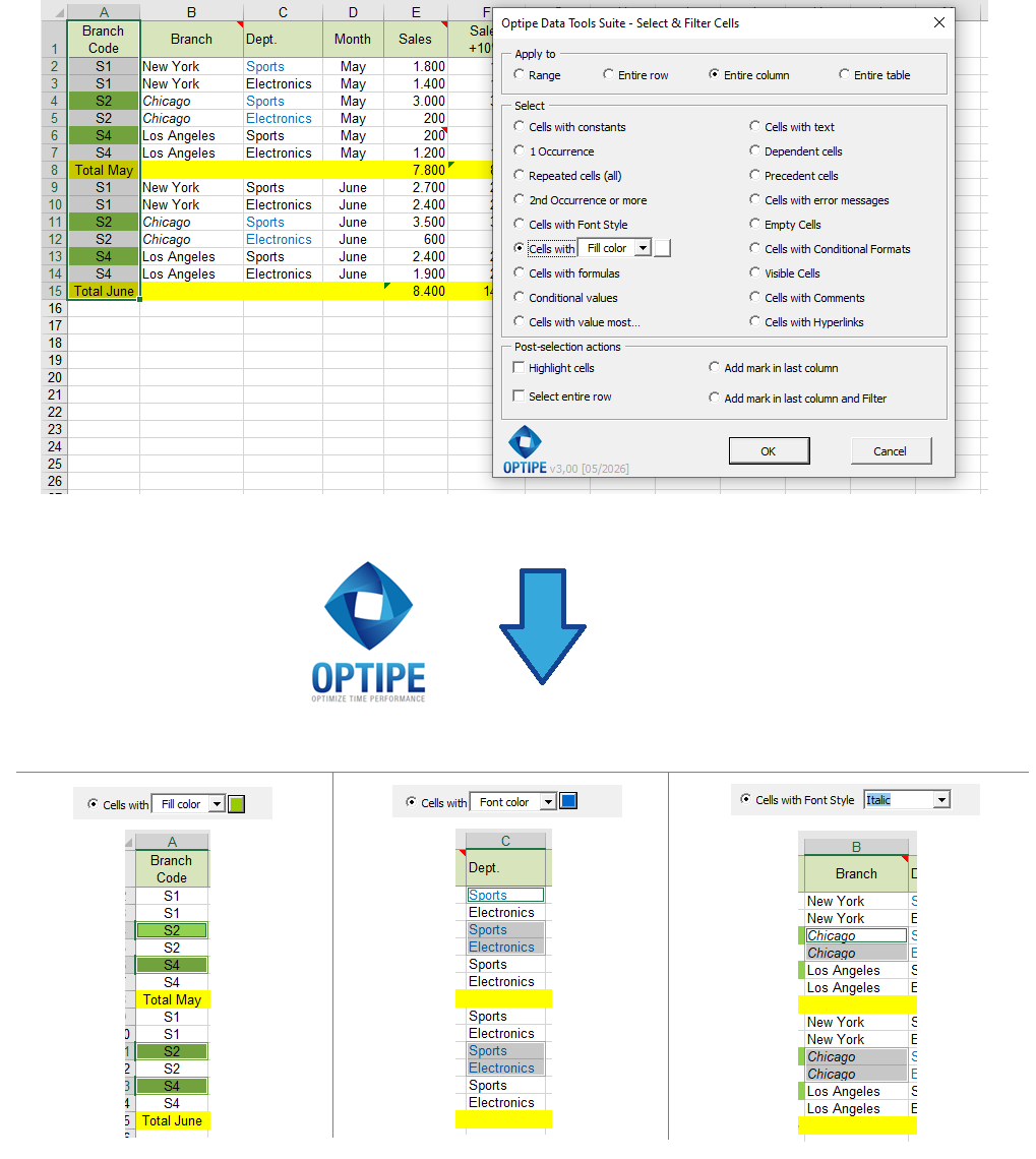Select Excel records by fill color, font color and text formatting to work with visually highlighted information.