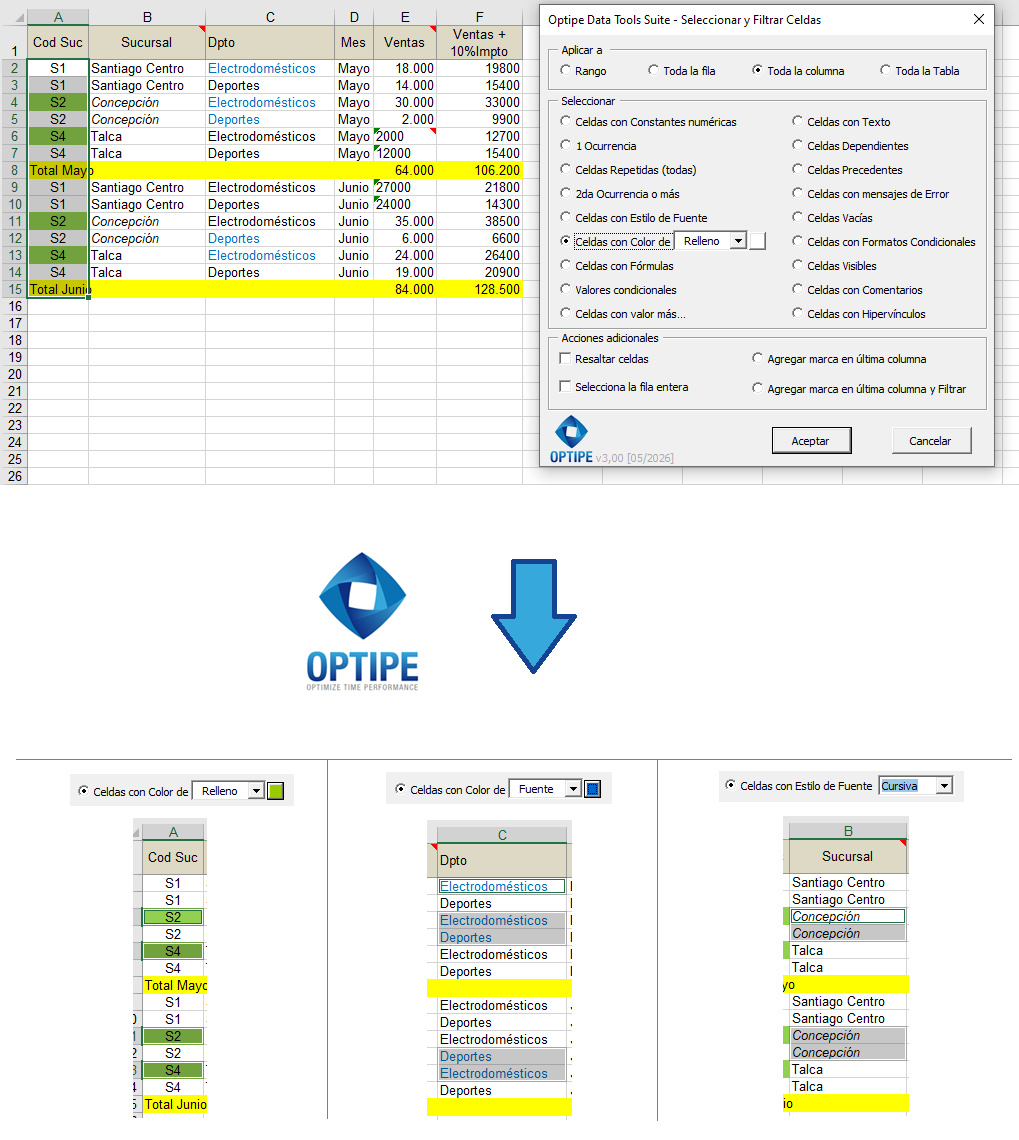 Seleccionar registros por color de relleno, color de fuente y formato en Excel para trabajar con información destacada visualmente.