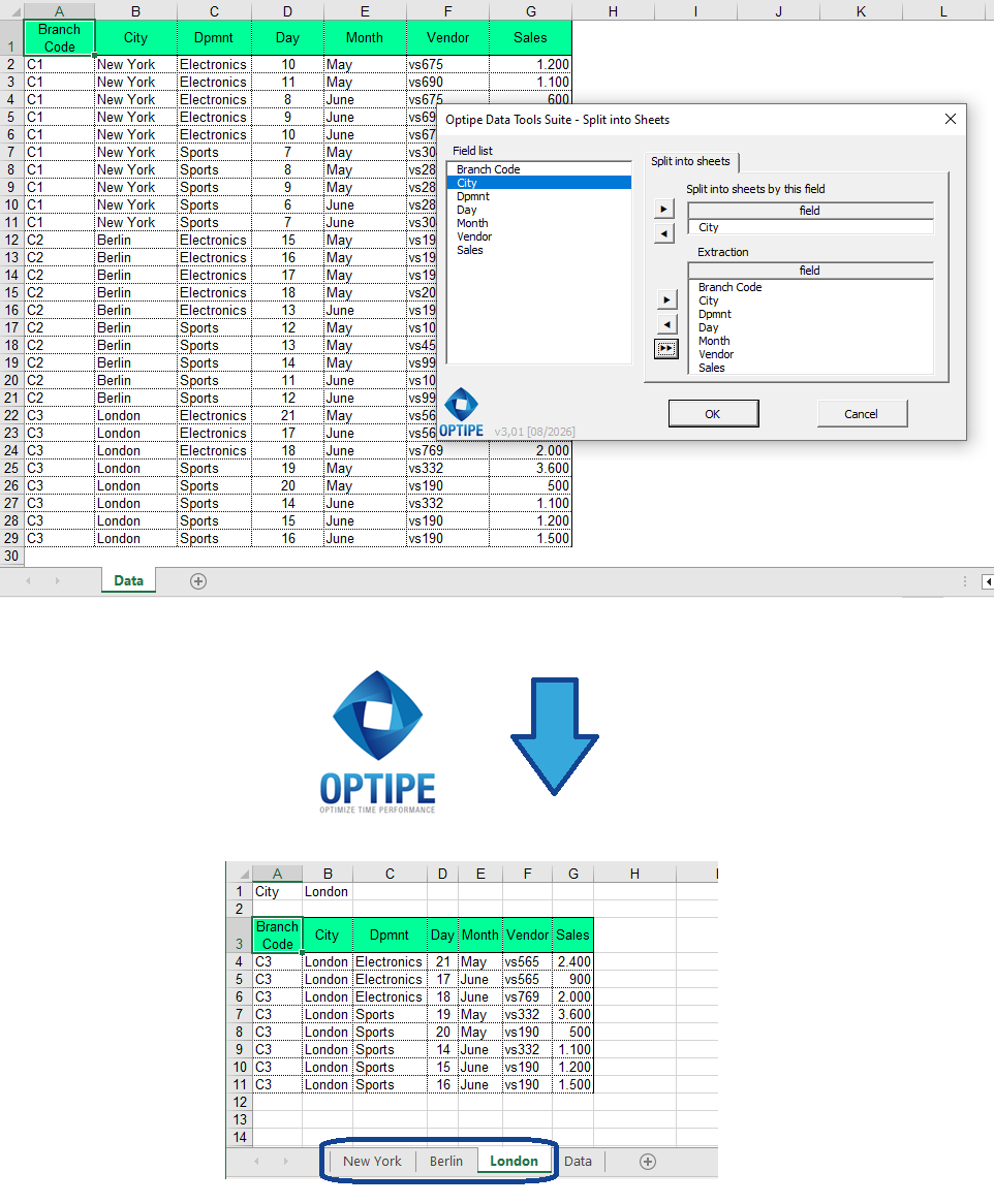 Split an Excel master table into separate worksheets for New York, Berlin and London branch offices and generate individual reports automatically