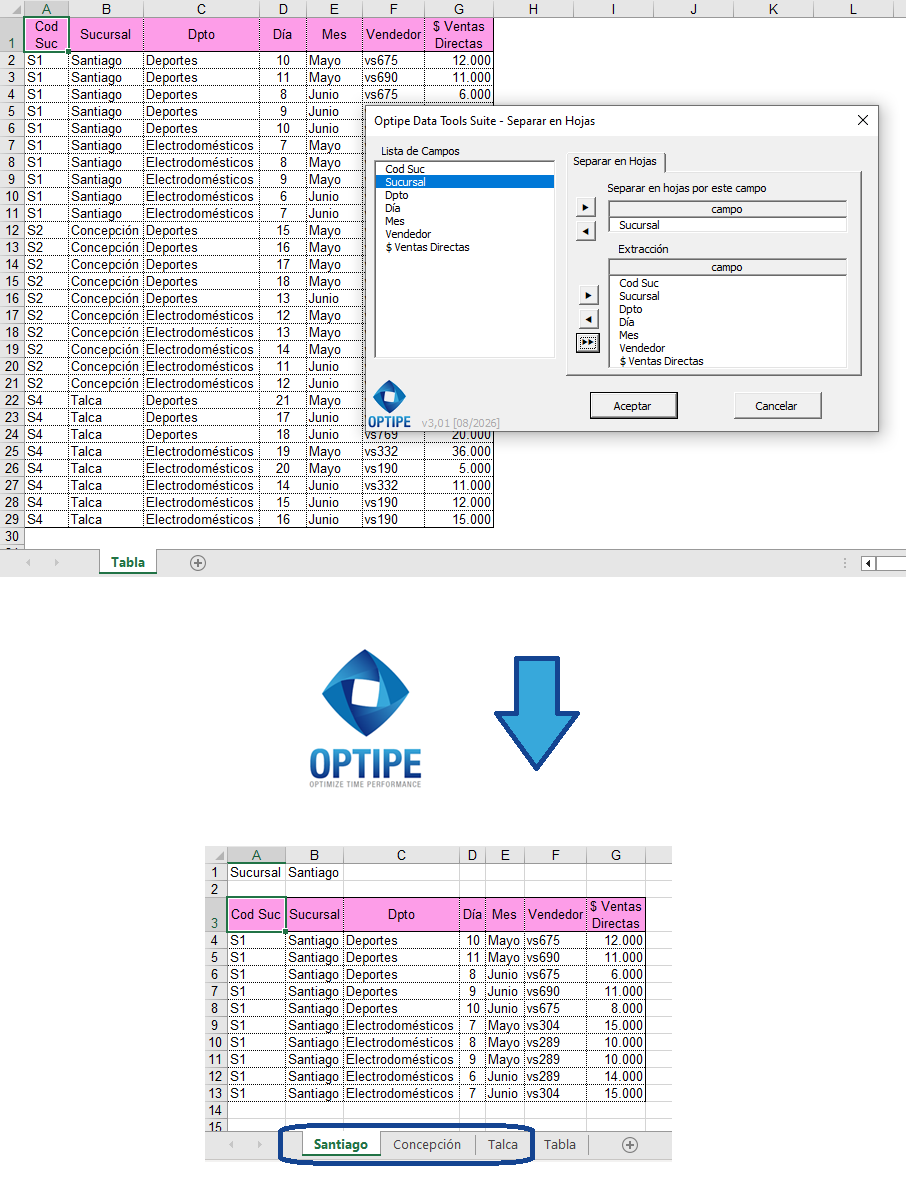 Separar una tabla Excel en varias hojas automáticamente creando un reporte individual para cada sucursal, vendedor, cliente o departamento