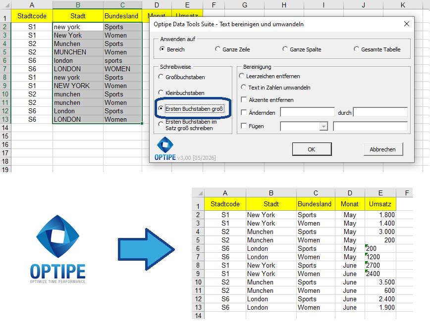 Texte in Excel standardisieren und Groß- oder Kleinbuchstaben automatisch anwenden.