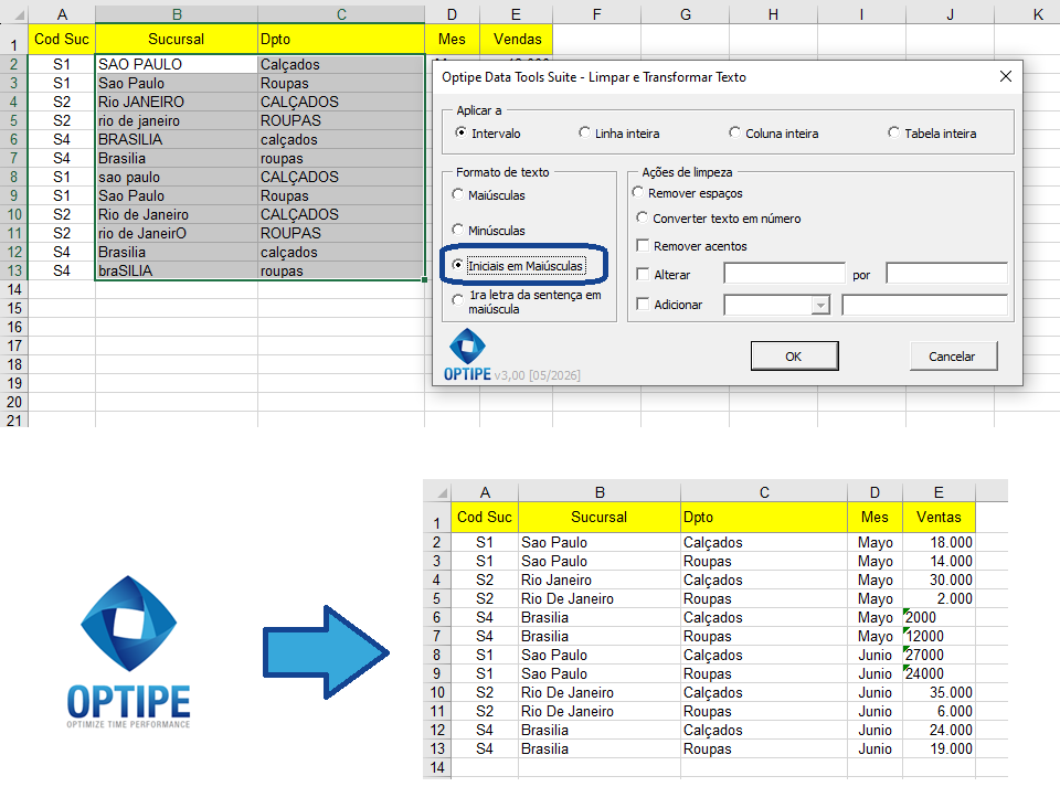 Padronizar nomes, produtos e filiais alterando a formatação dos textos no Excel.