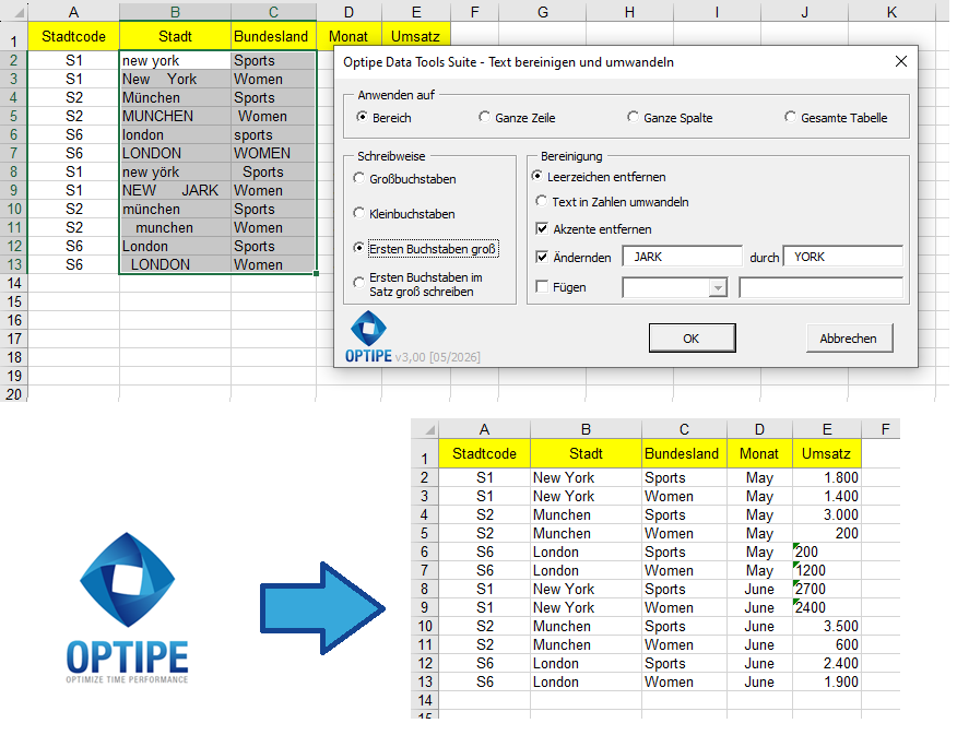 Textdaten in Excel bereinigen und standardisieren durch Entfernen von Leerzeichen, Akzenten und Formatierungsfehlern.