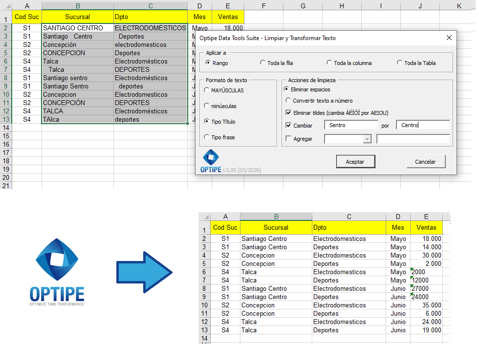 Limpiar y estandarizar datos de texto en Excel eliminando espacios, tildes y errores de formato.