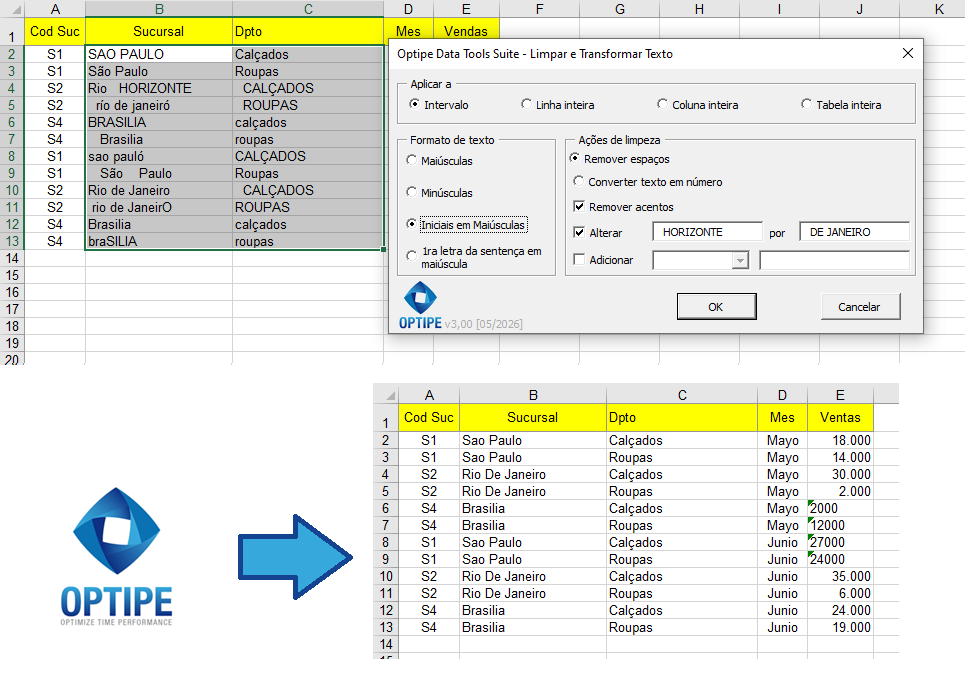 Limpar e padronizar dados de texto no Excel removendo espaços, acentos e inconsistências de formato.